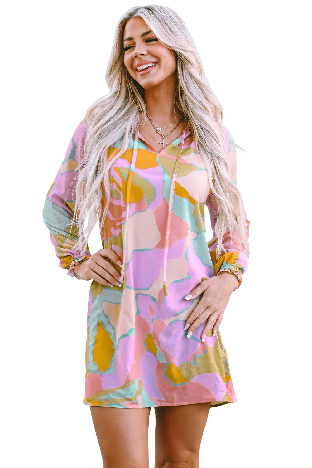 Multicolor Abstract Print Frill Split Neck Babydoll Mini Dress