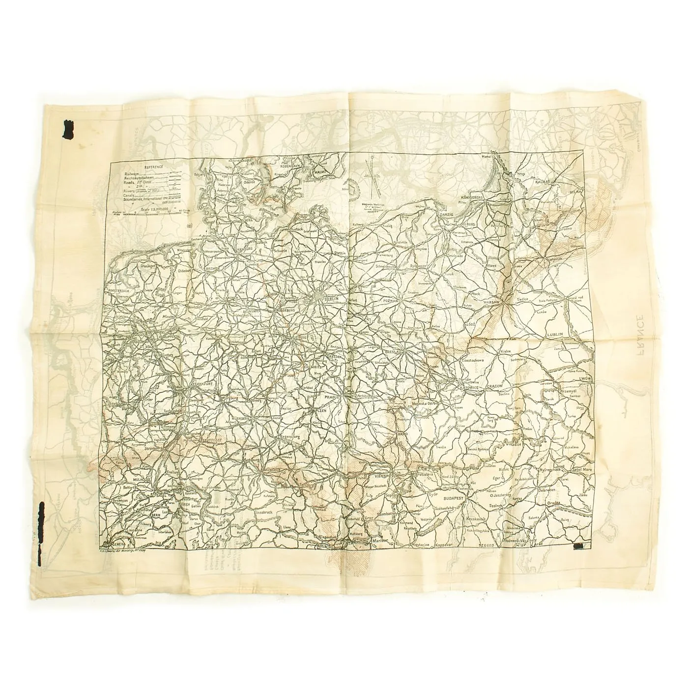 Original British WWII Double Sided Silk Escape Map of Occupied France & Germany