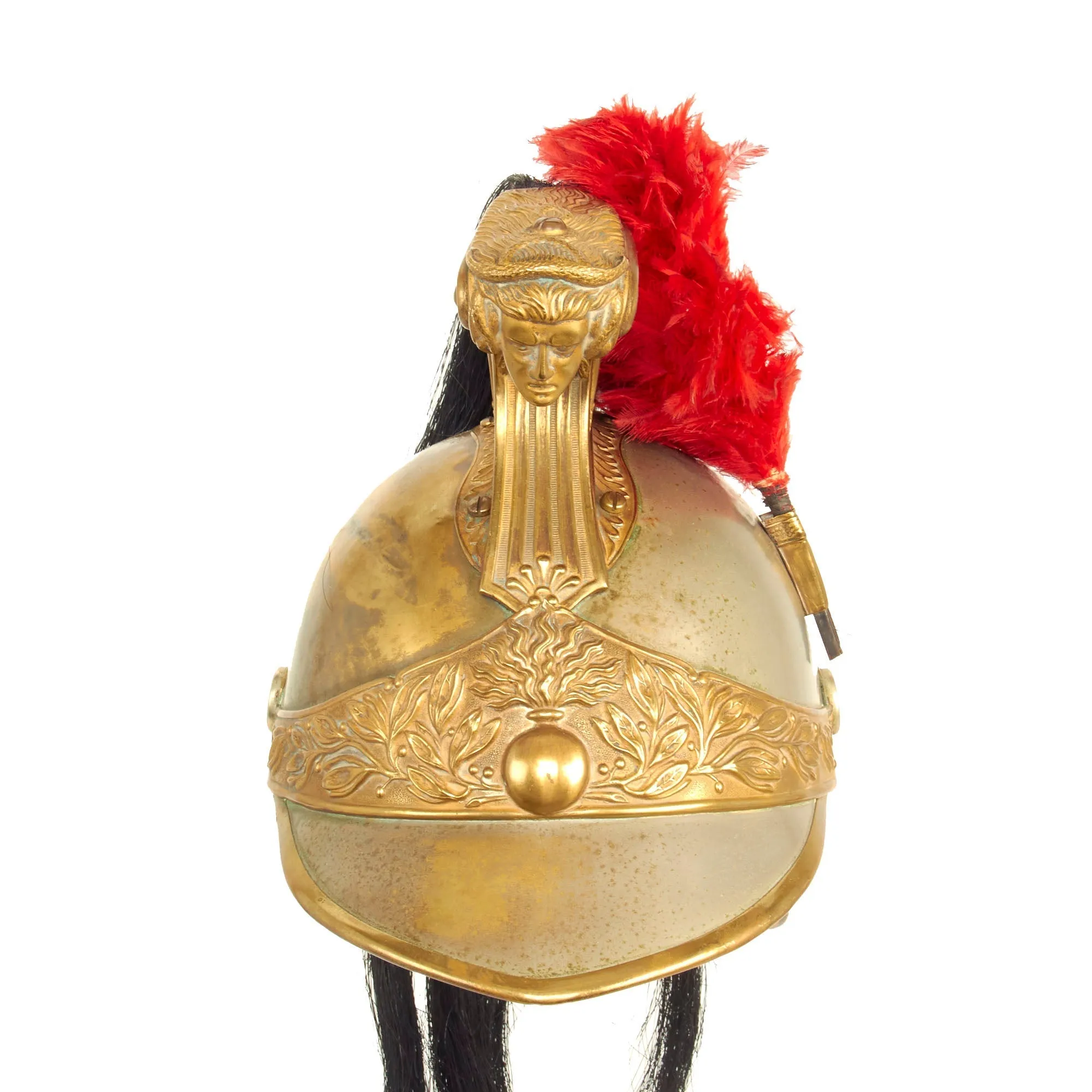 Original French Model 1874 Plated Brass Cuirassier Helmet Shell with Horsehair Tail & Red Plume