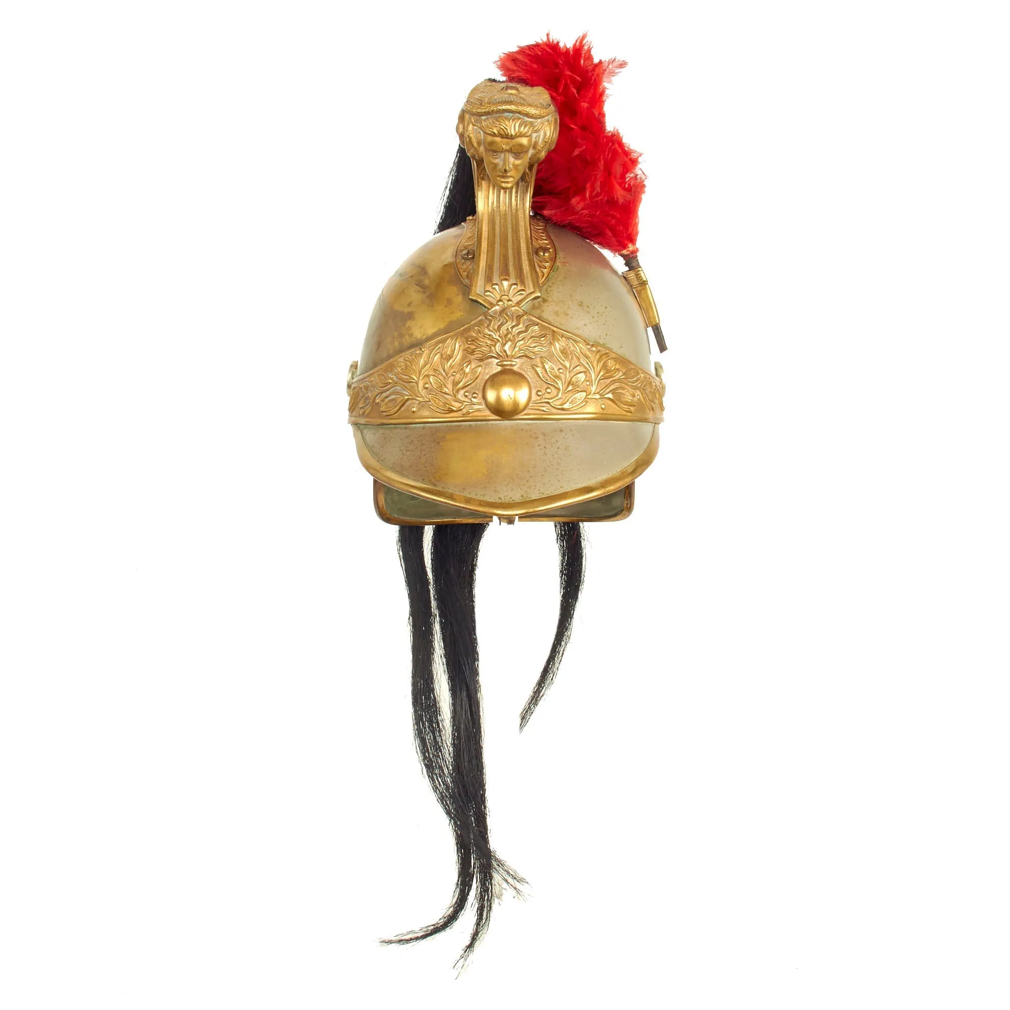 Original French Model 1874 Plated Brass Cuirassier Helmet Shell with Horsehair Tail & Red Plume