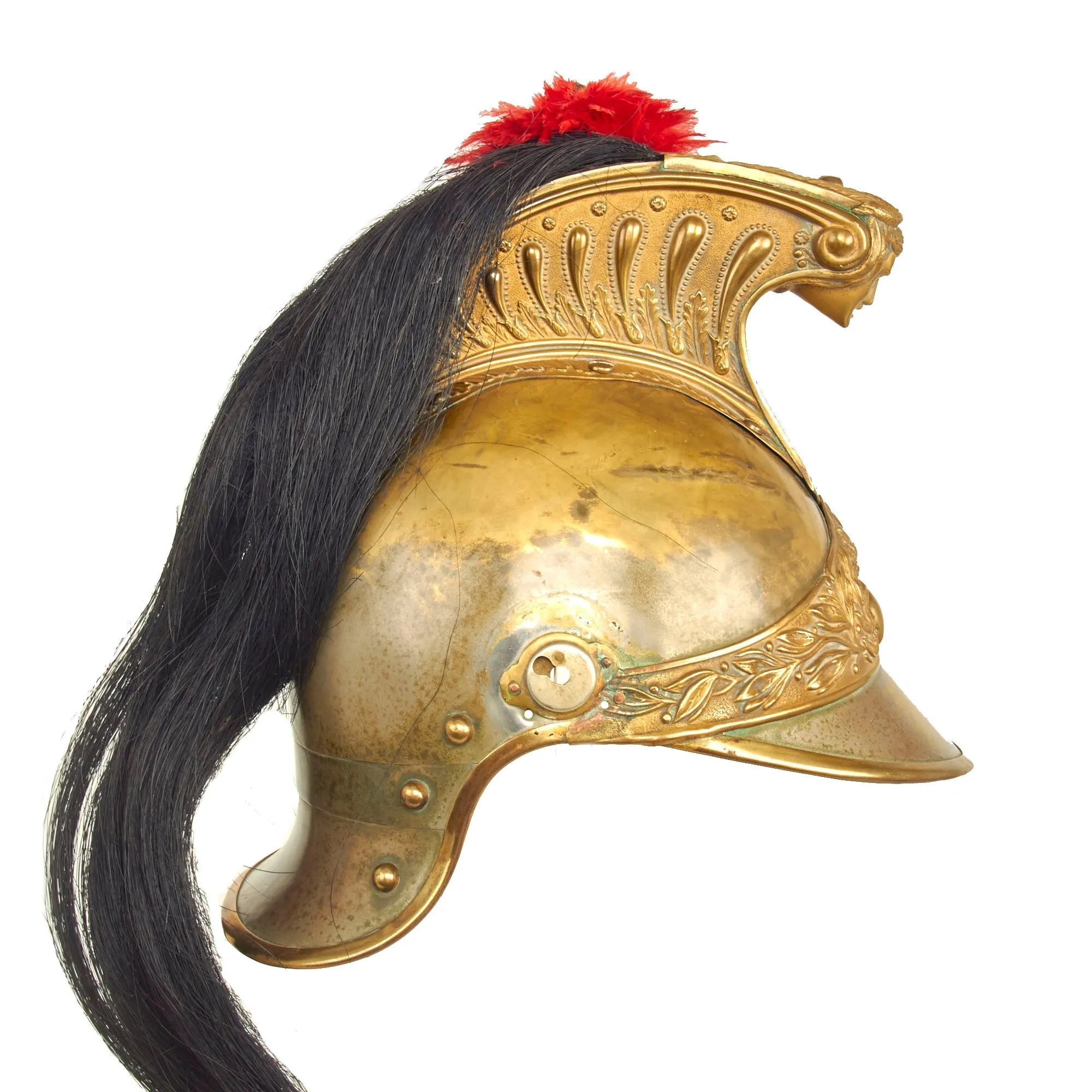 Original French Model 1874 Plated Brass Cuirassier Helmet Shell with Horsehair Tail & Red Plume