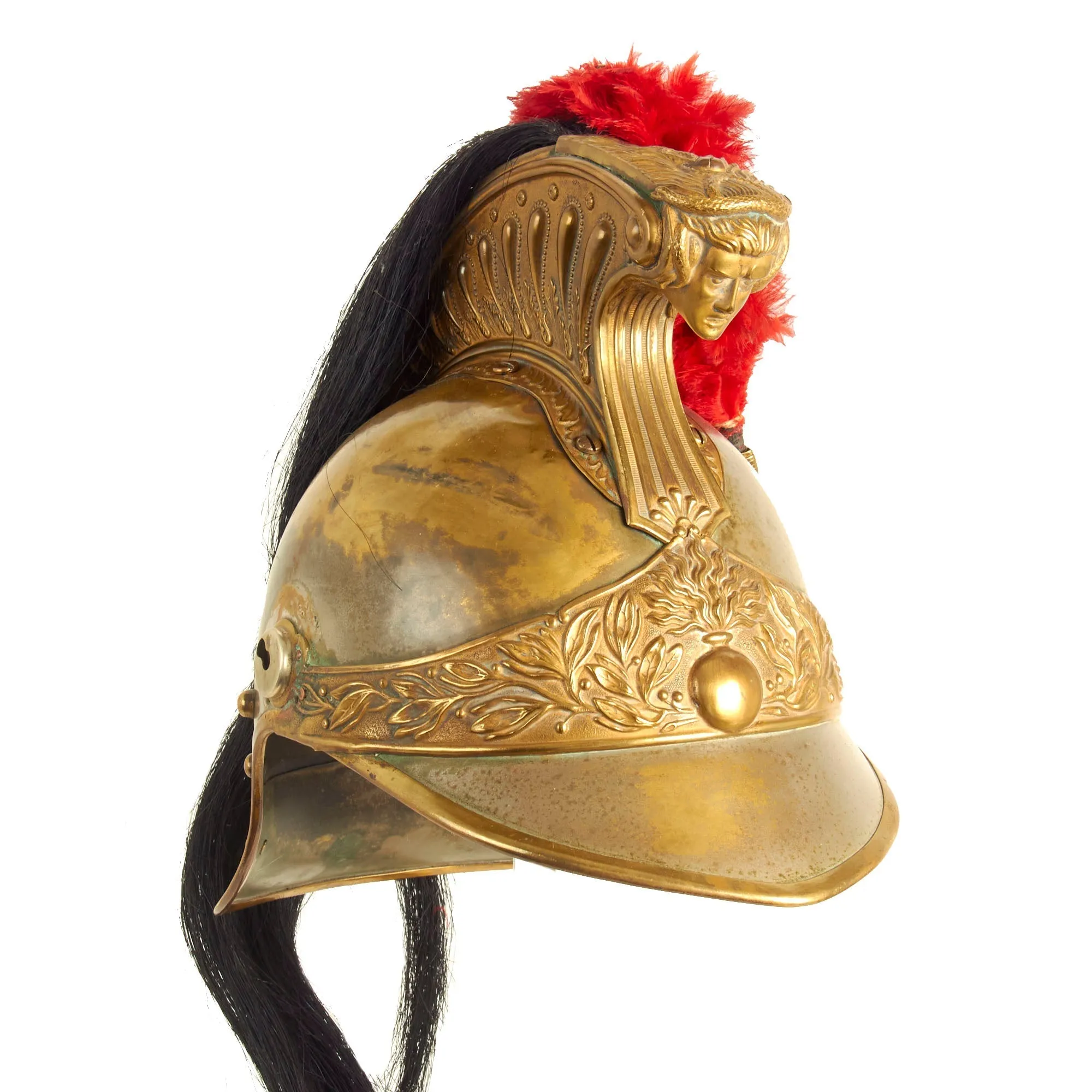 Original French Model 1874 Plated Brass Cuirassier Helmet Shell with Horsehair Tail & Red Plume