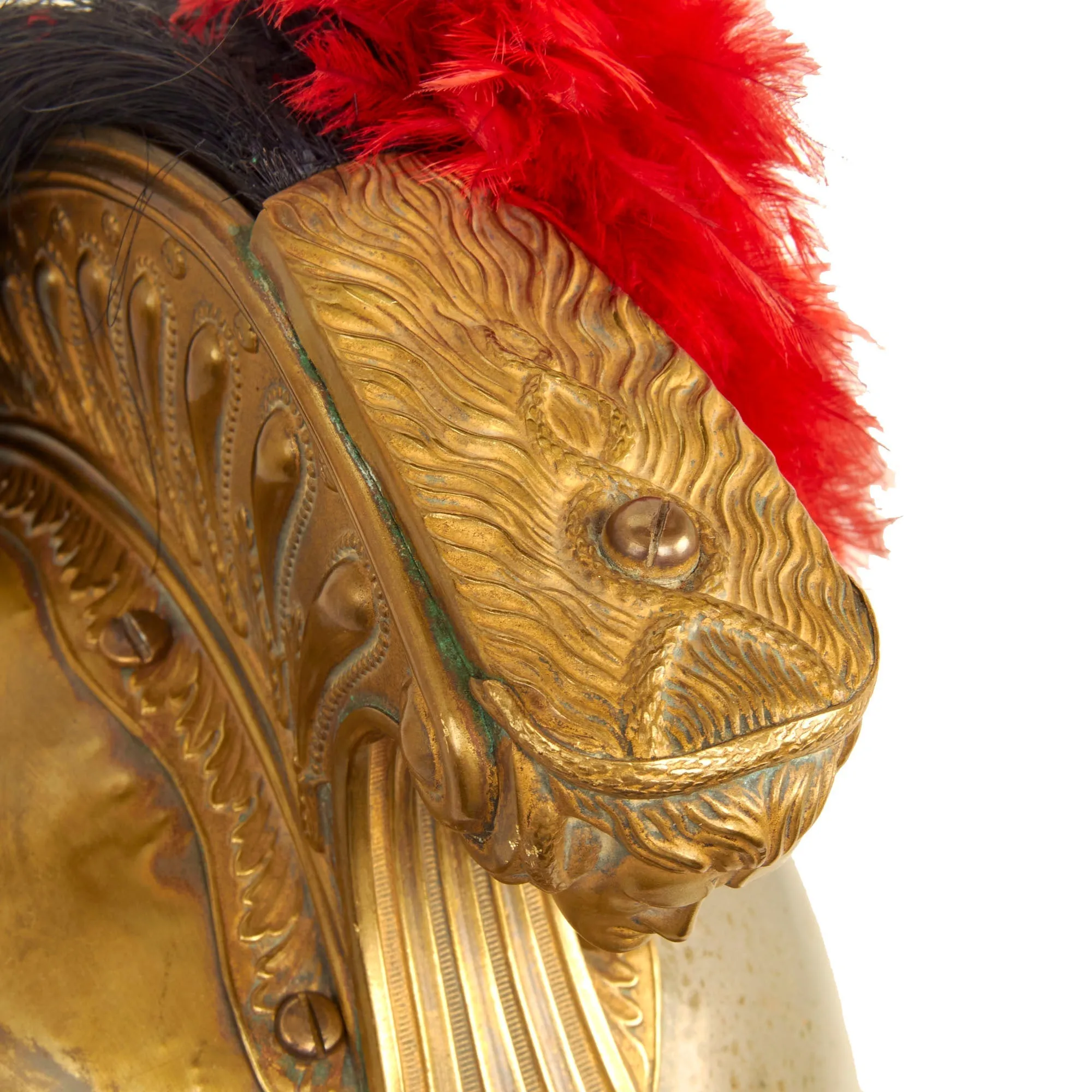 Original French Model 1874 Plated Brass Cuirassier Helmet Shell with Horsehair Tail & Red Plume