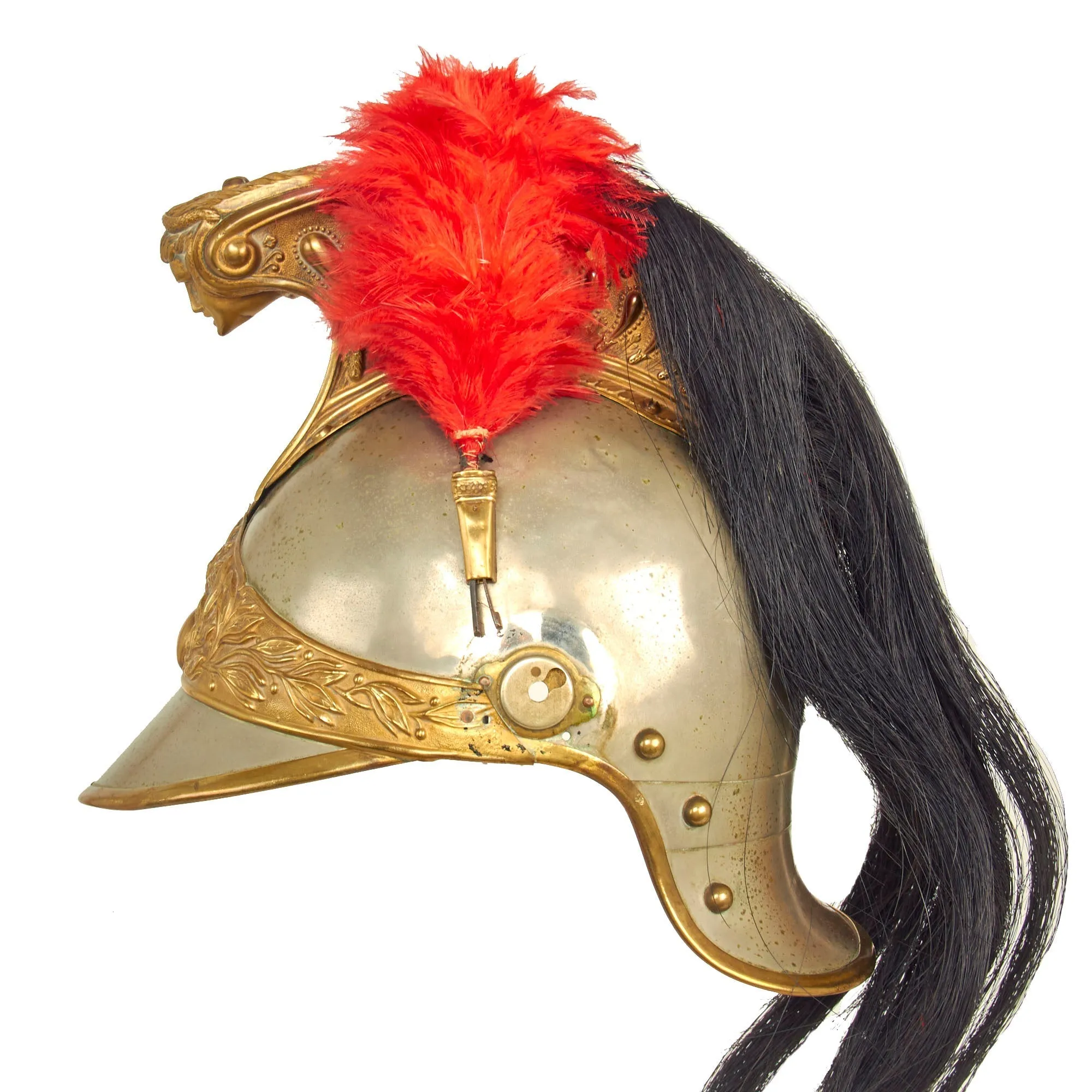 Original French Model 1874 Plated Brass Cuirassier Helmet Shell with Horsehair Tail & Red Plume