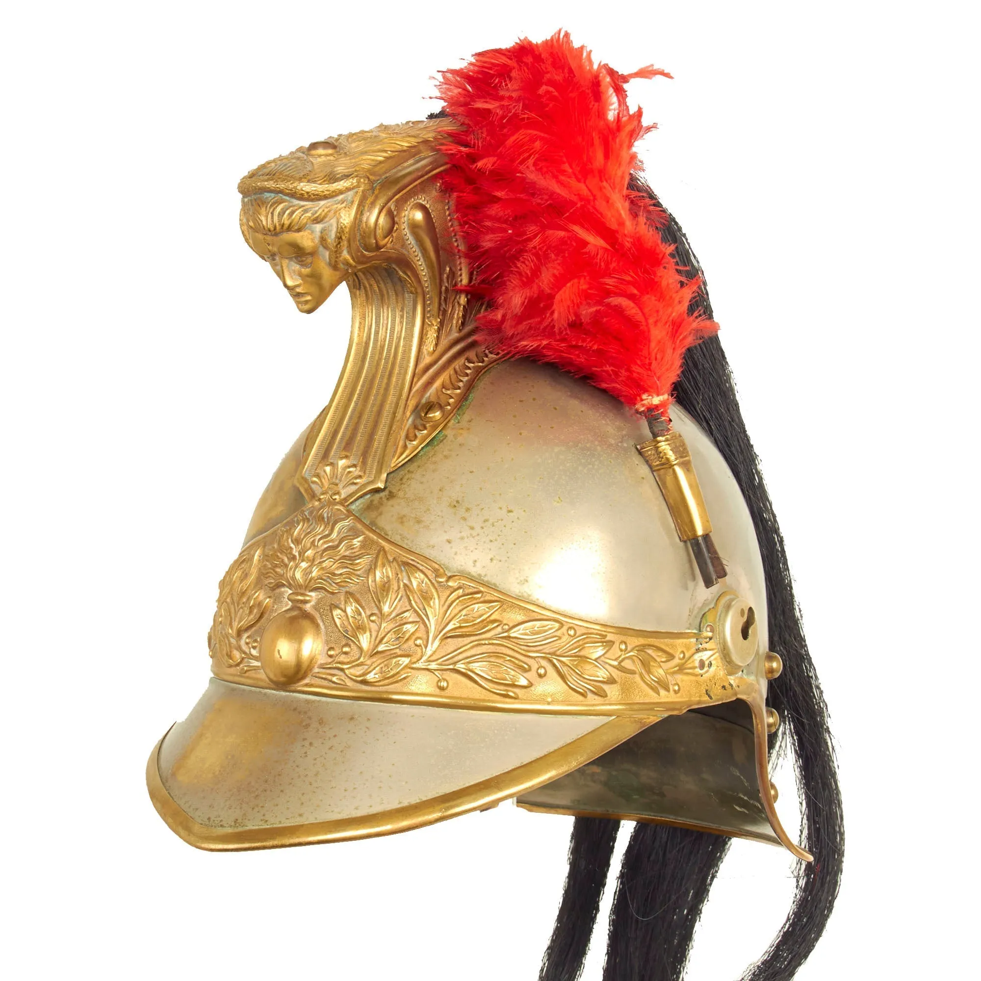 Original French Model 1874 Plated Brass Cuirassier Helmet Shell with Horsehair Tail & Red Plume