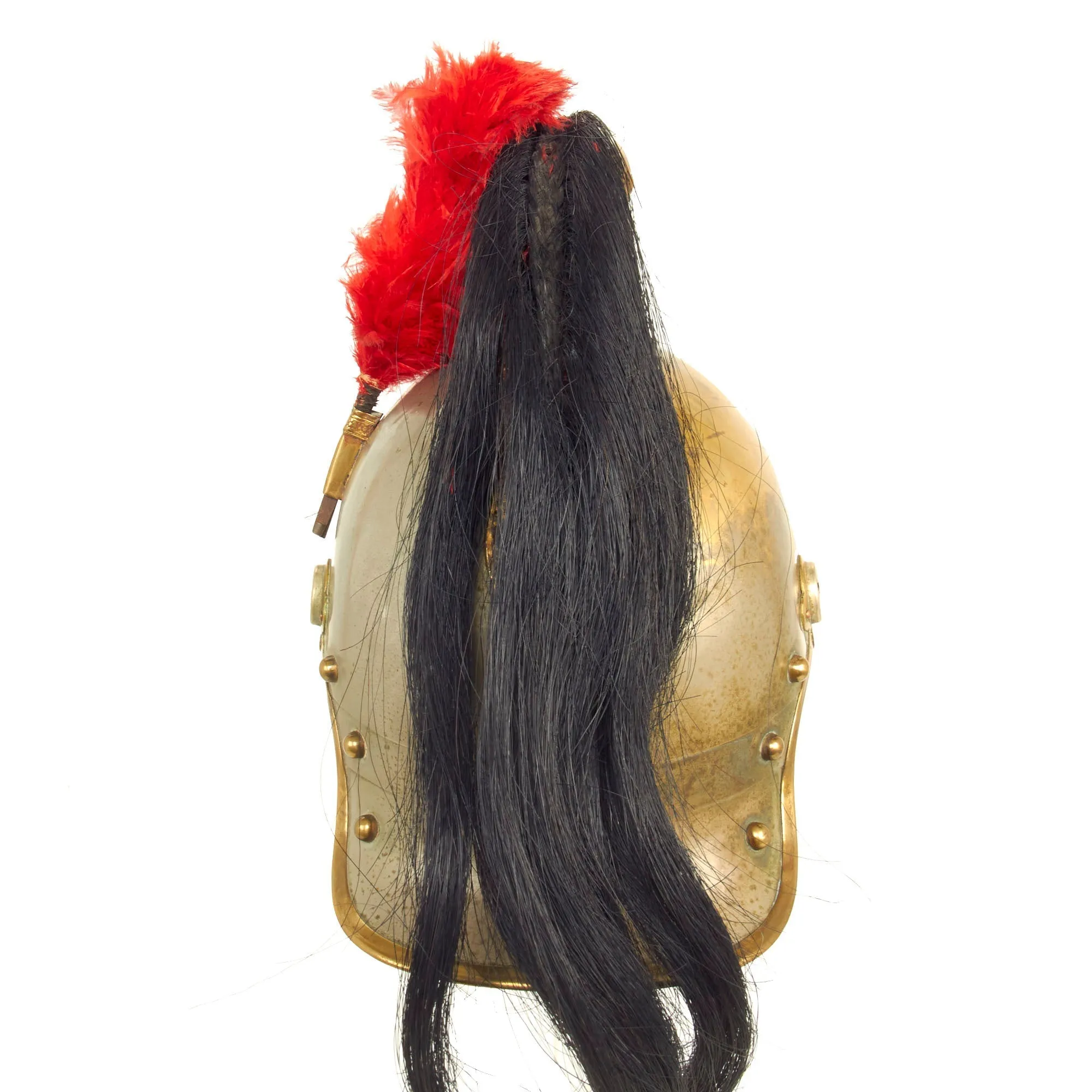 Original French Model 1874 Plated Brass Cuirassier Helmet Shell with Horsehair Tail & Red Plume