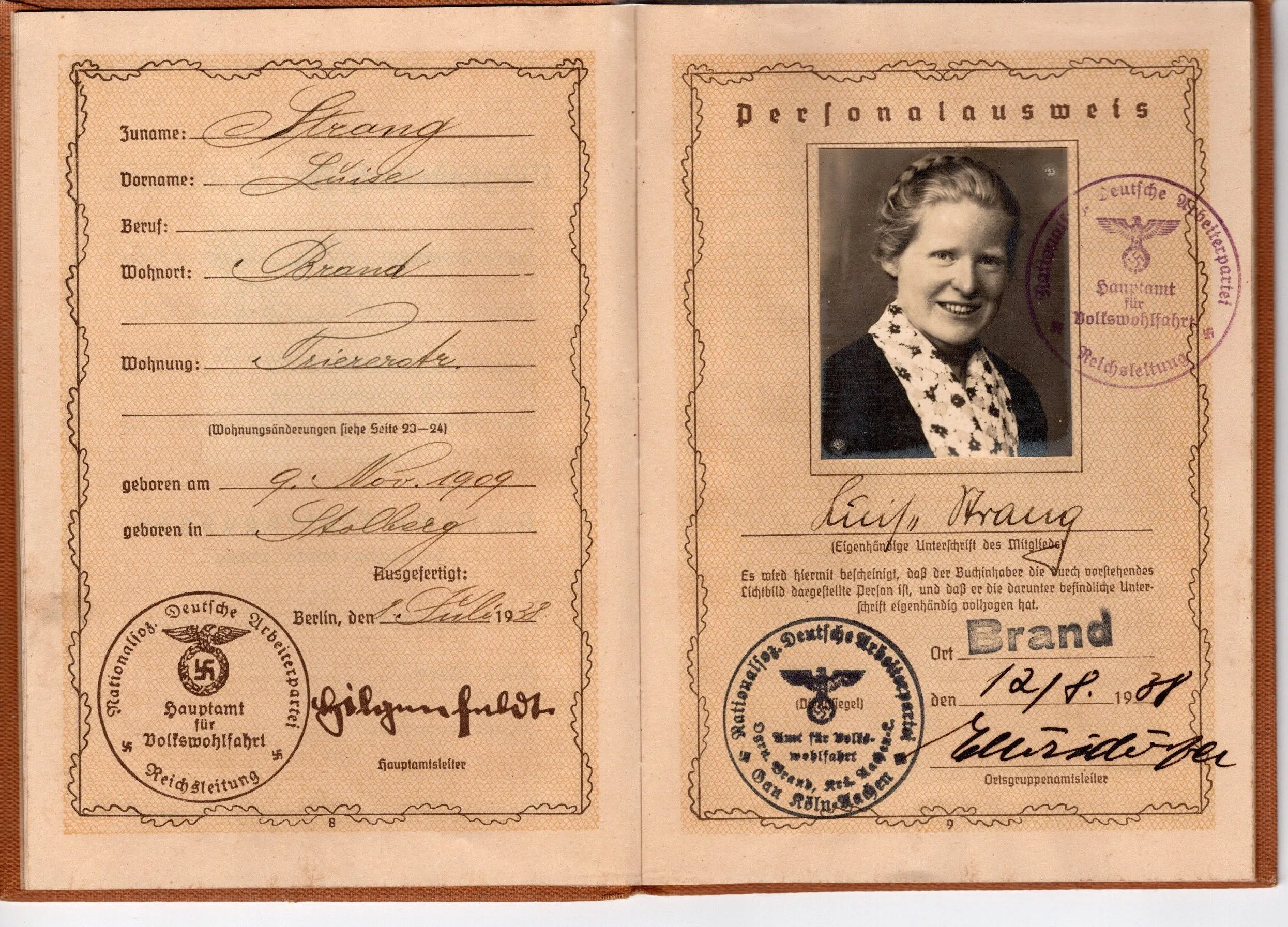 Original German WWII Collector Set: Wine Bottle Labels, TENO Eagle, and Woman's Membership Book