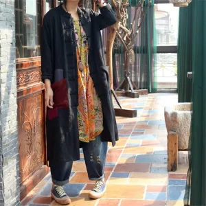 Patchwork Pockets Button Up Linen Coat