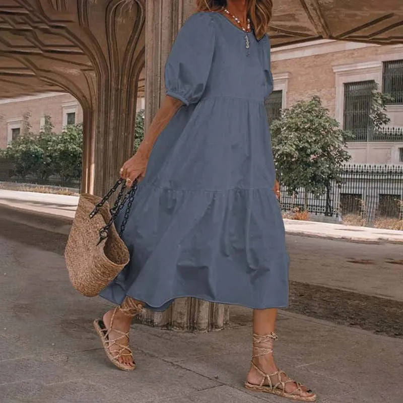 Plain and Casual Summer Lantern Sleeve Maxi Dresses