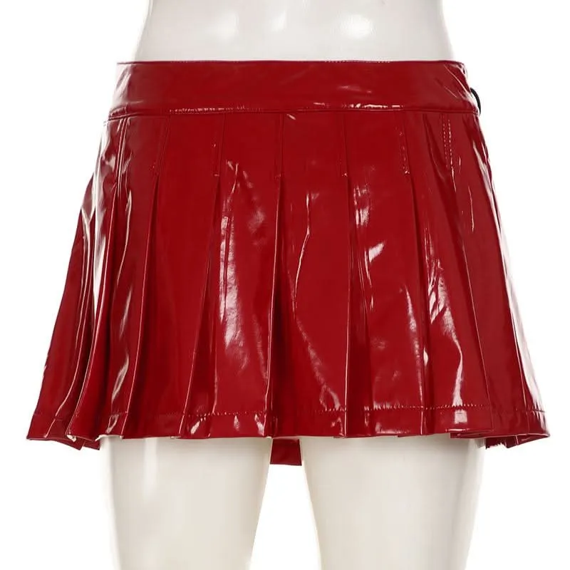 PU leather pleated A line o ring mini skirt