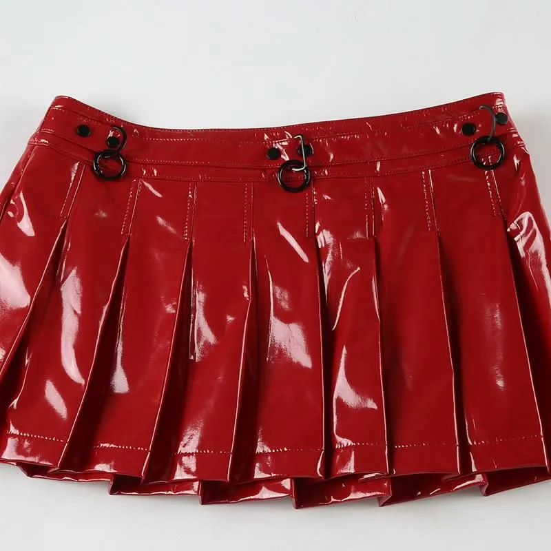 PU leather pleated A line o ring mini skirt