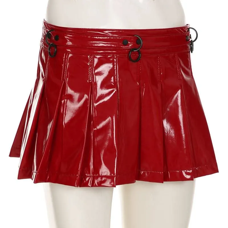 PU leather pleated A line o ring mini skirt