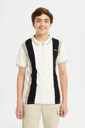 Senior Boys Beige Cut & Sew Interlock Polo T-Shirt