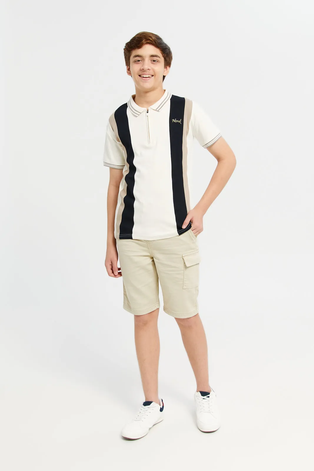 Senior Boys Beige Cut & Sew Interlock Polo T-Shirt