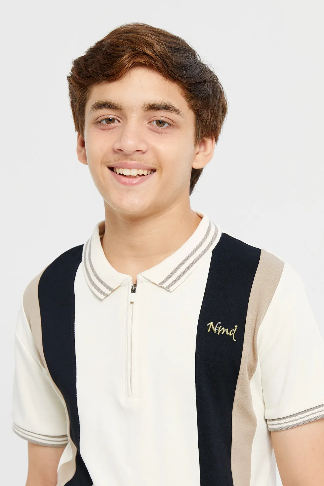 Senior Boys Beige Cut & Sew Interlock Polo T-Shirt