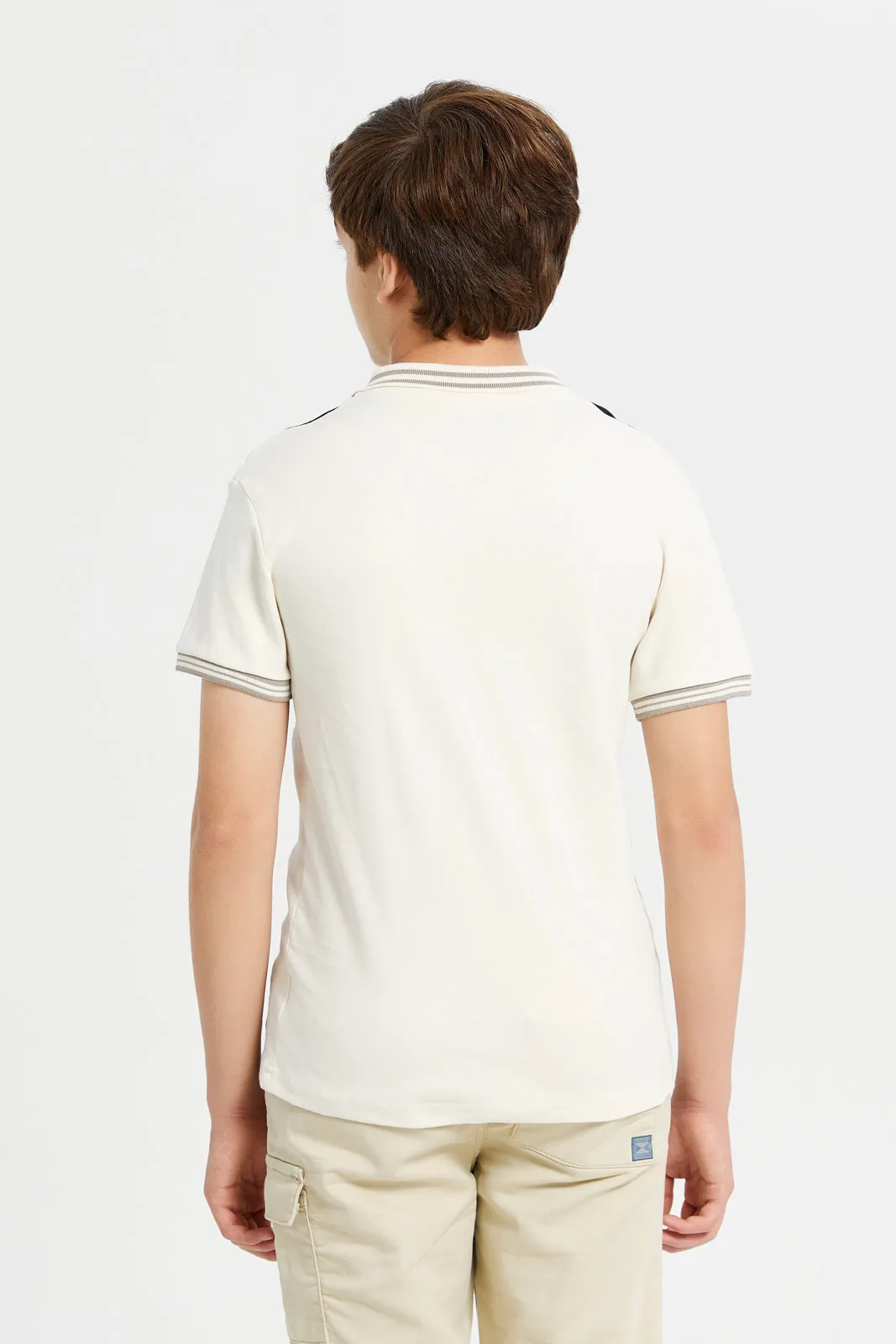 Senior Boys Beige Cut & Sew Interlock Polo T-Shirt