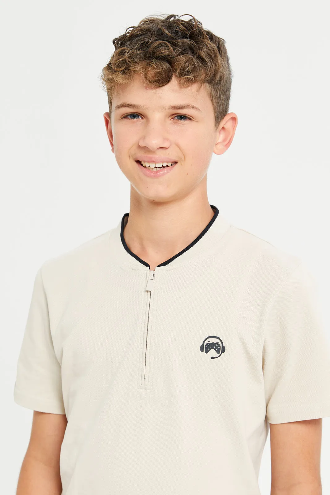 Senior Boys Beige Printed Polo Shirt