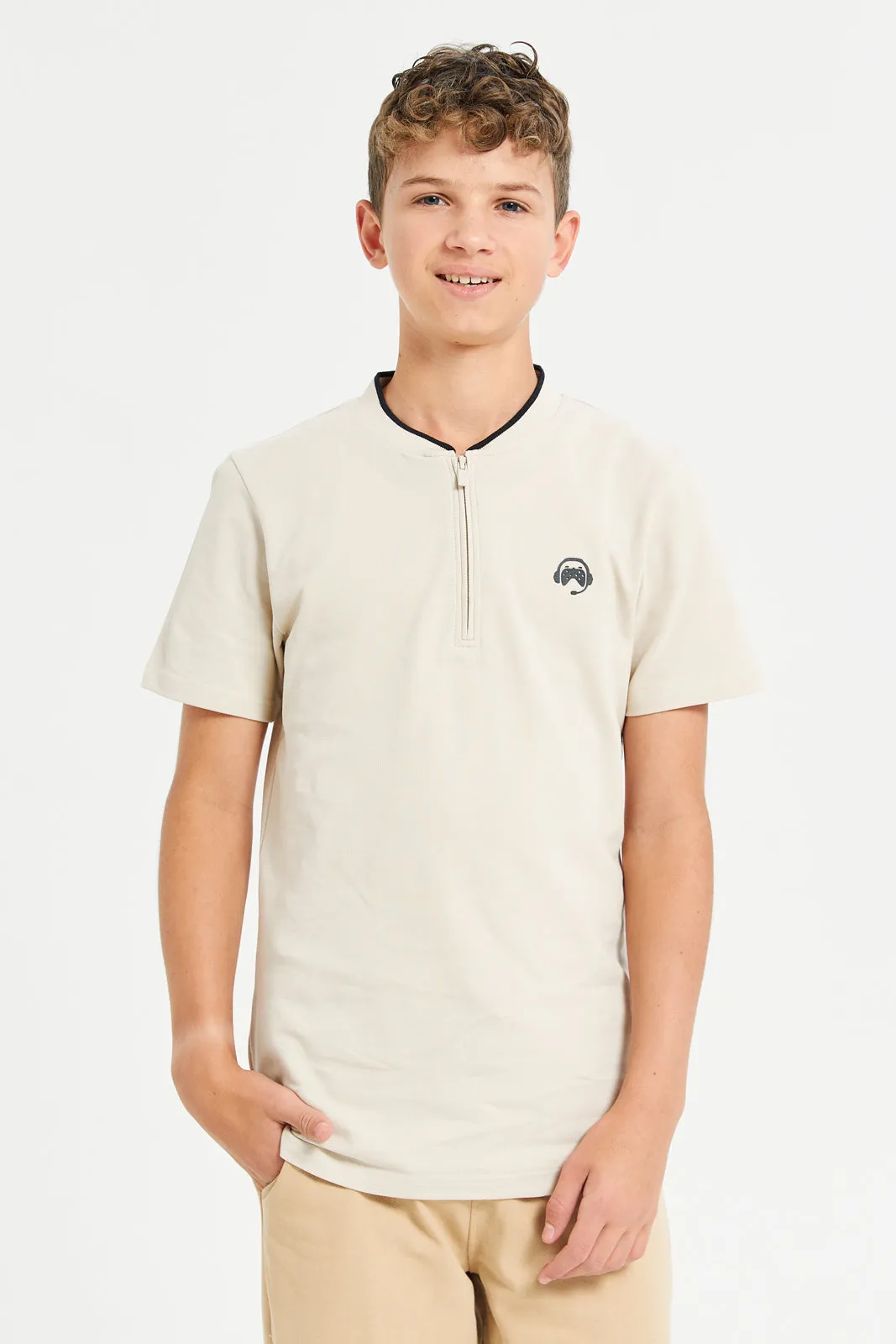 Senior Boys Beige Printed Polo Shirt