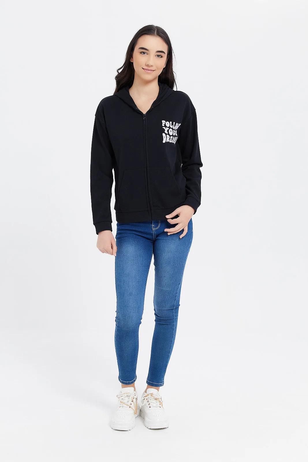 Senior Girls Black printed Hooded Sweatshirt