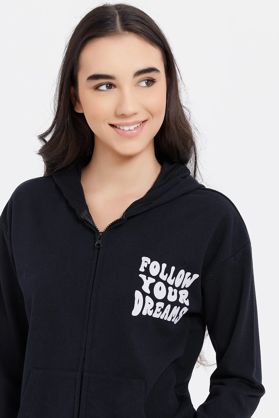 Senior Girls Black printed Hooded Sweatshirt