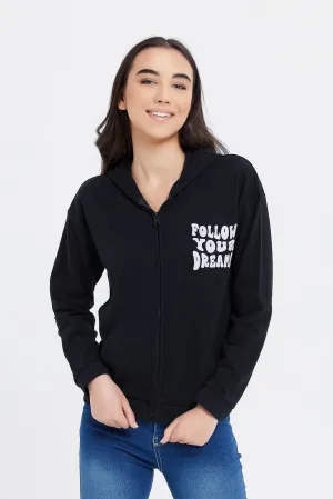 Senior Girls Black printed Hooded Sweatshirt