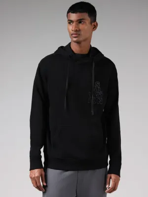 Studiofit Black Typographic Printed Cotton Blend Relaxed-Fit Hoodie