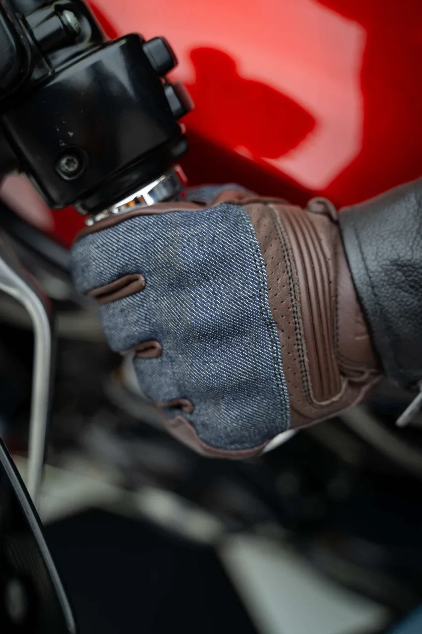 Vance Denim & Leather Motorcycle Gloves (Brown) with Mobile Phone Touchscreen