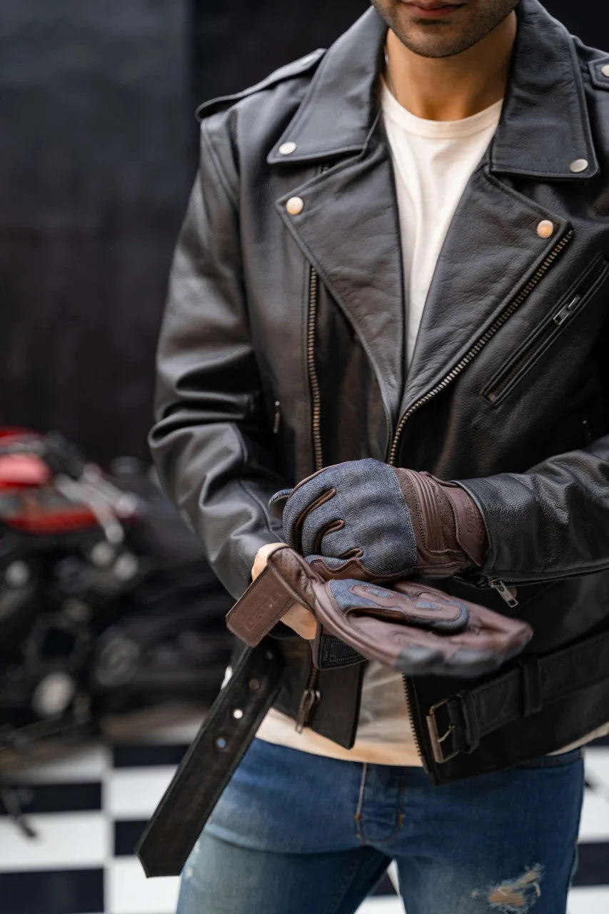 Vance Denim & Leather Motorcycle Gloves (Brown) with Mobile Phone Touchscreen