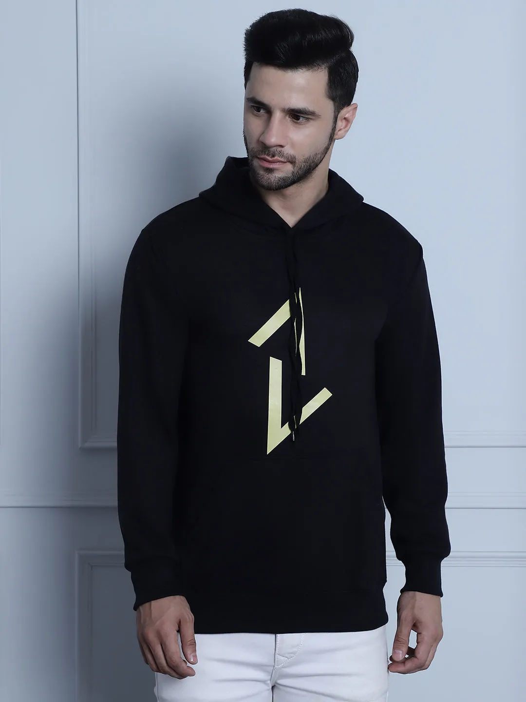 Vimal Jonney Black Printed Hooded Cotton Fleece Sweatshirt for Men