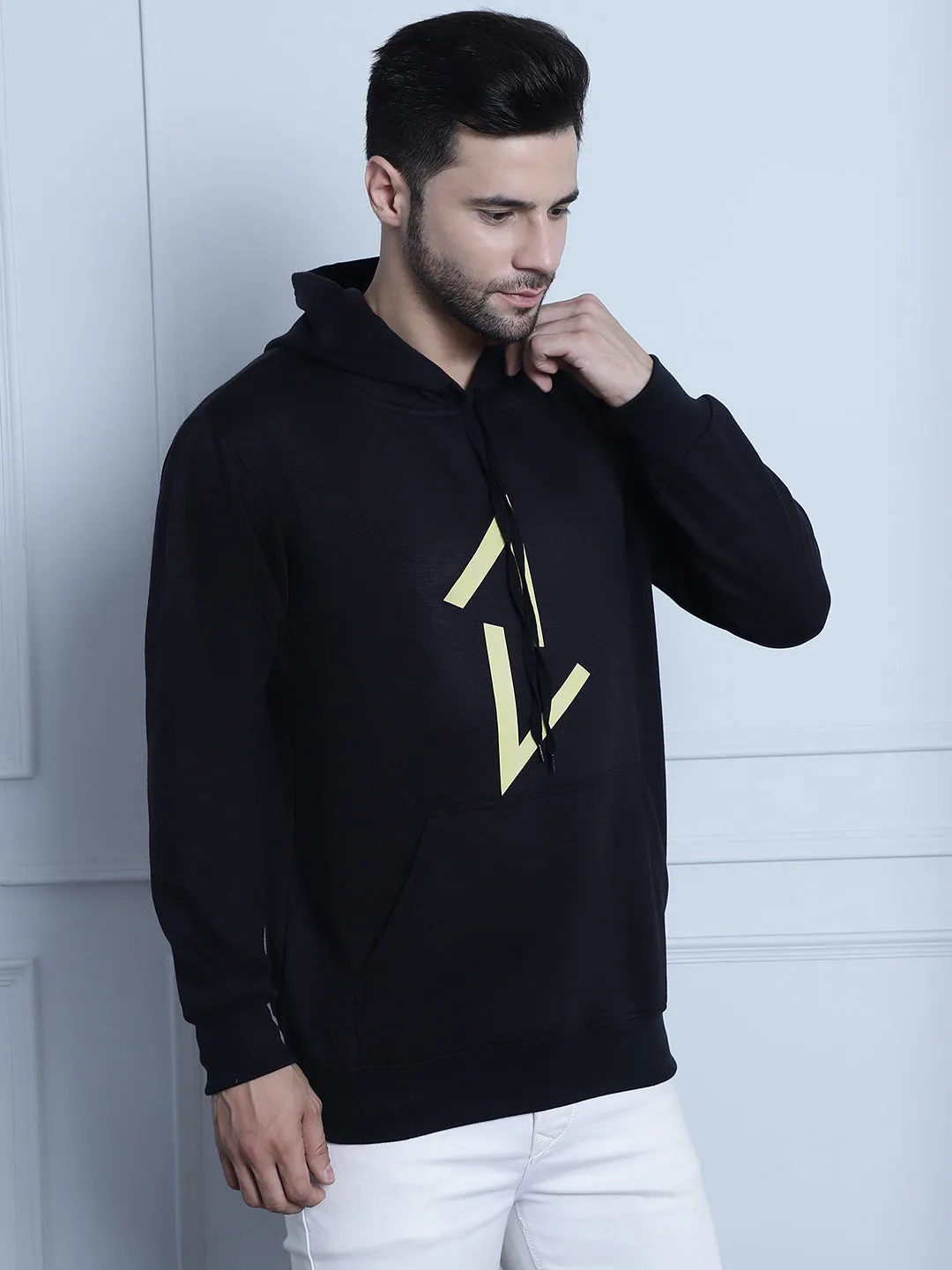 Vimal Jonney Black Printed Hooded Cotton Fleece Sweatshirt for Men