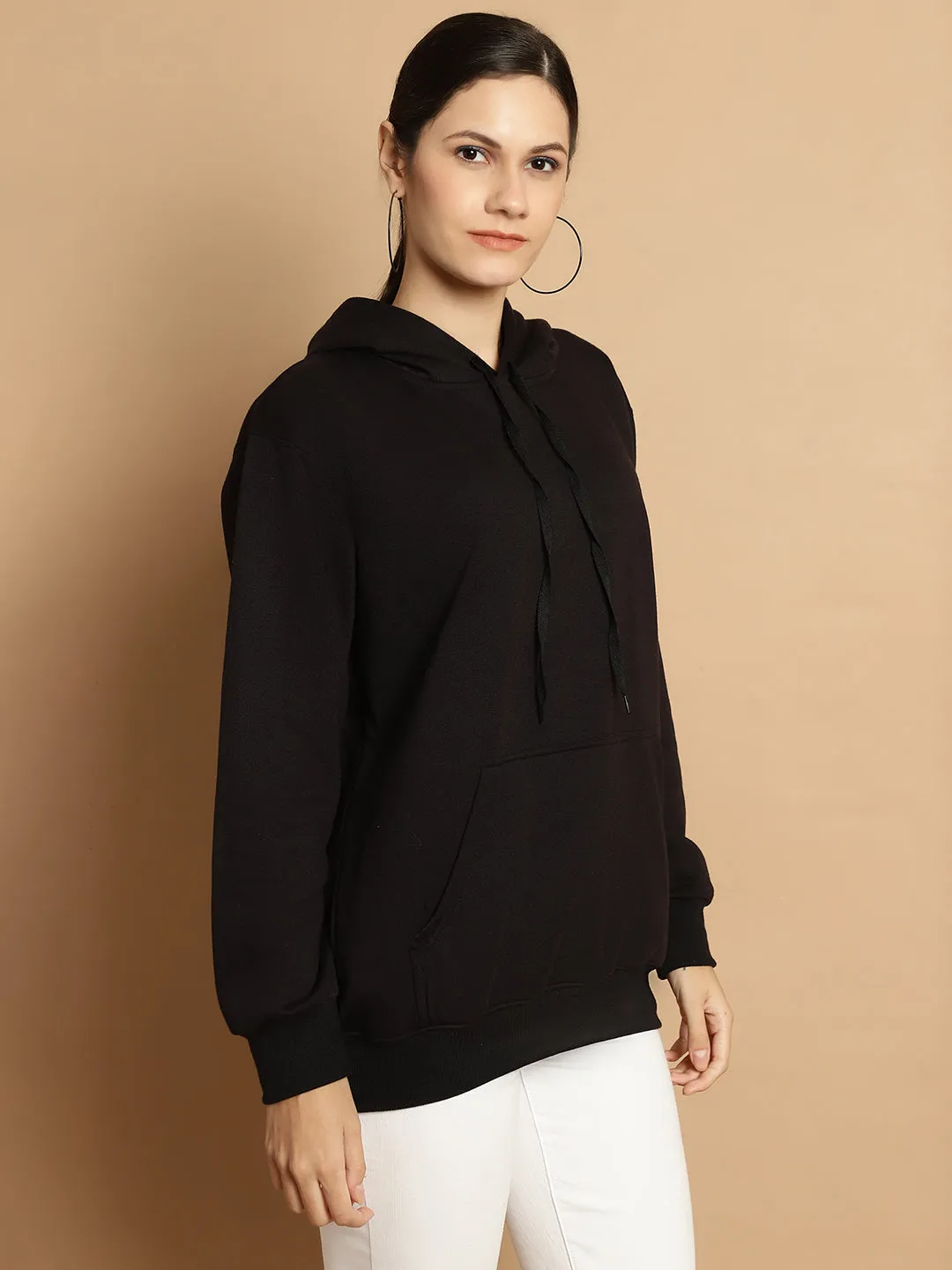 Vimal Jonney Black Solid Hooded Cotton Fleece Sweatshirt for Women