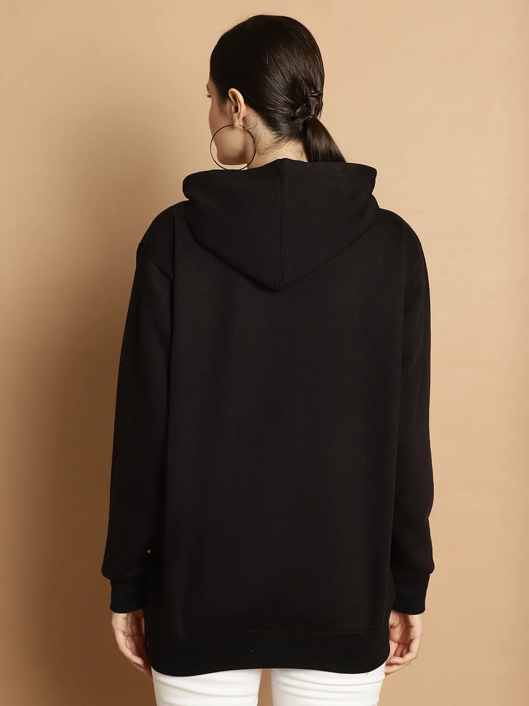 Vimal Jonney Black Solid Hooded Cotton Fleece Sweatshirt for Women