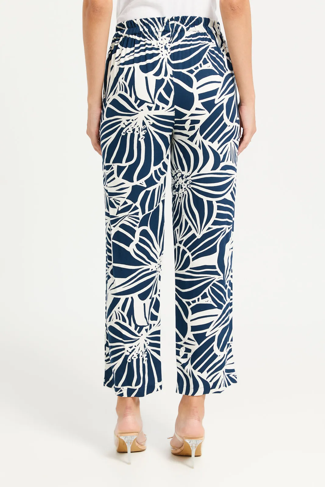 Women Blue Wide Leg Mono Print Trouser