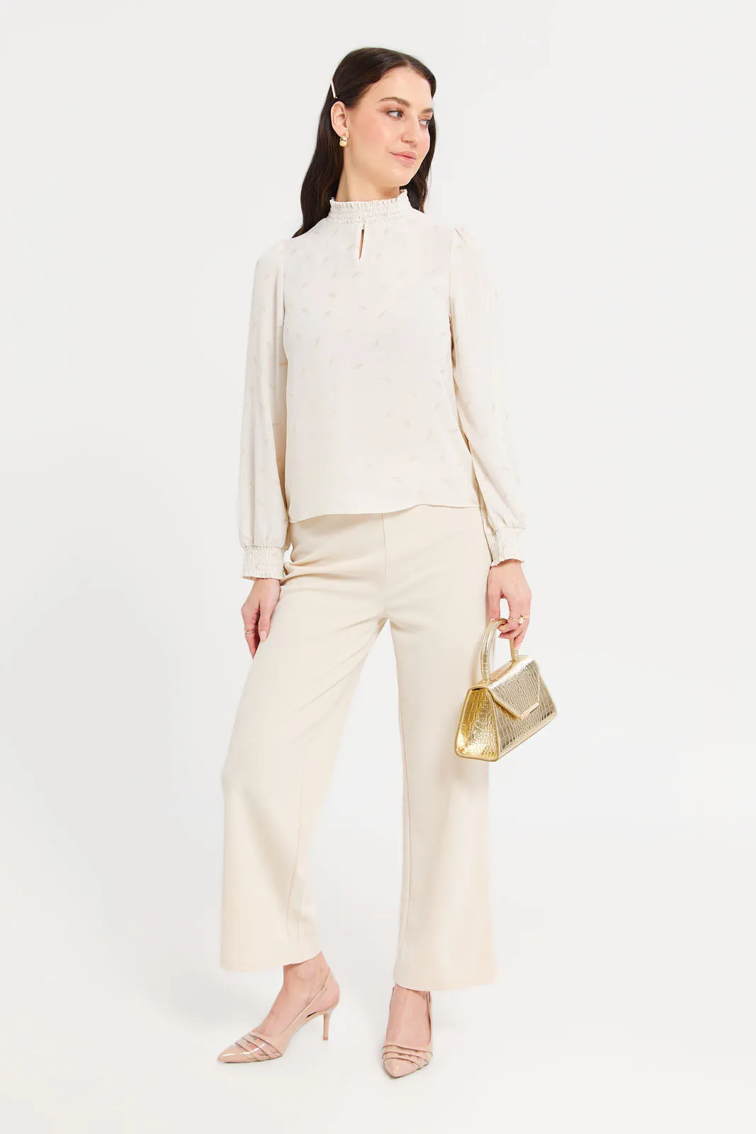 Women Ivory Buckle Detailed Wide Leg Trouser