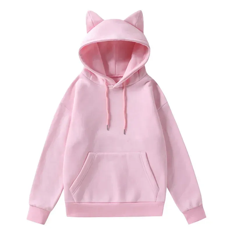 Women's Solid Sweatshirt Pullovers with Cat Ears/Loose Hoodies