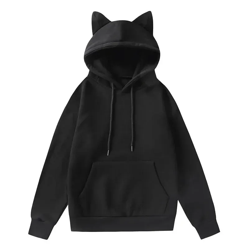 Women's Solid Sweatshirt Pullovers with Cat Ears/Loose Hoodies