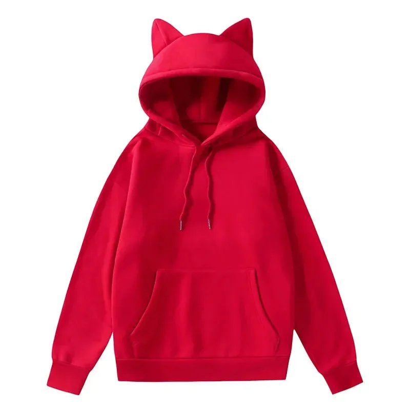 Women's Solid Sweatshirt Pullovers with Cat Ears/Loose Hoodies