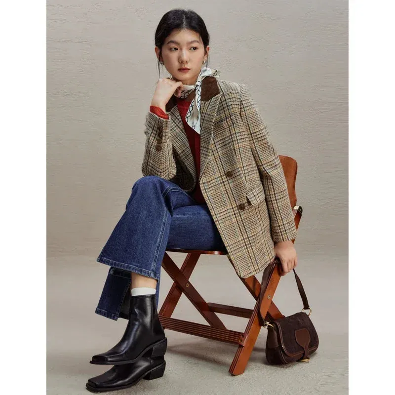 ZIQIAO 100% Wool Brown Retro Woolen Suit Jacket For Women's 2023 Winter New Plaid Short Jacket Solid Women Jackets Casual