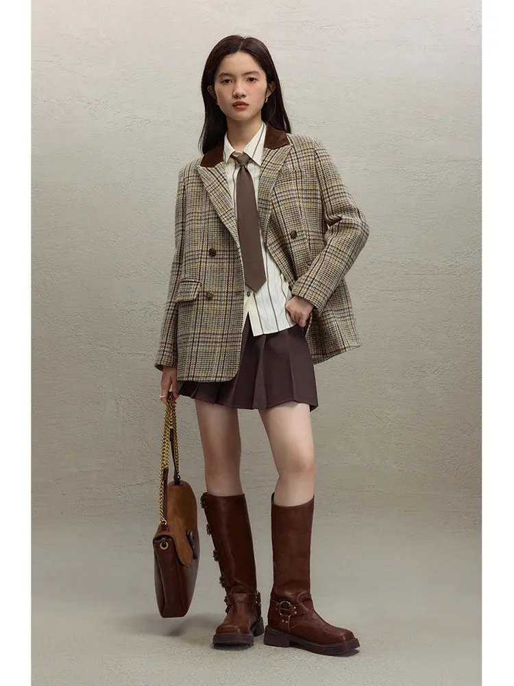 ZIQIAO 100% Wool Brown Retro Woolen Suit Jacket For Women's 2023 Winter New Plaid Short Jacket Solid Women Jackets Casual