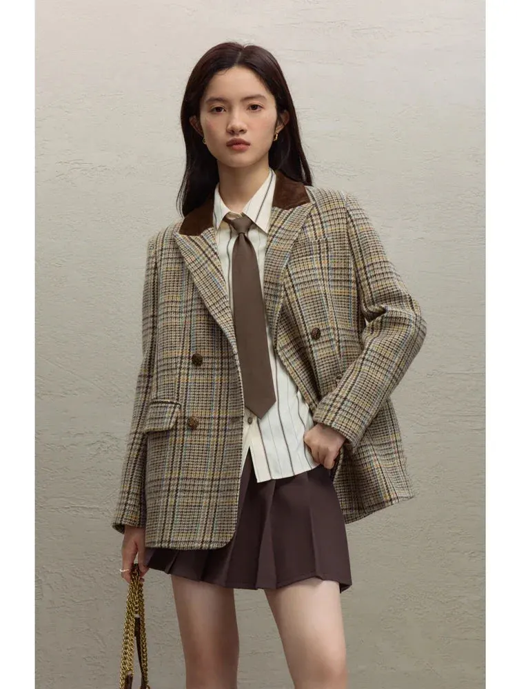 ZIQIAO 100% Wool Brown Retro Woolen Suit Jacket For Women's 2023 Winter New Plaid Short Jacket Solid Women Jackets Casual