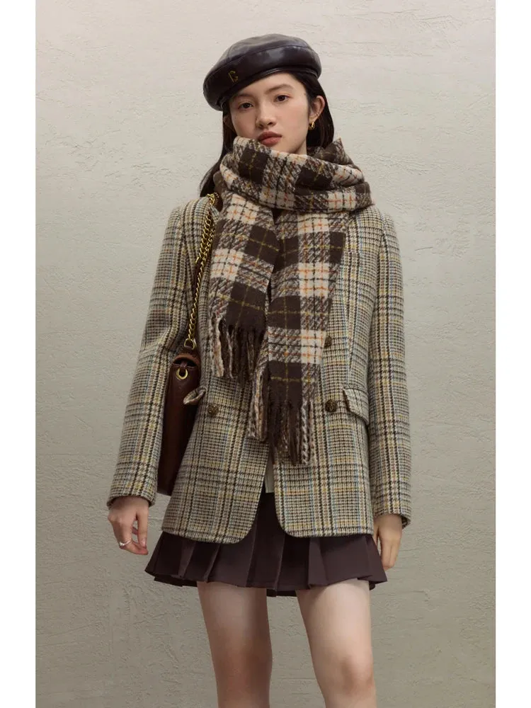 ZIQIAO 100% Wool Brown Retro Woolen Suit Jacket For Women's 2023 Winter New Plaid Short Jacket Solid Women Jackets Casual