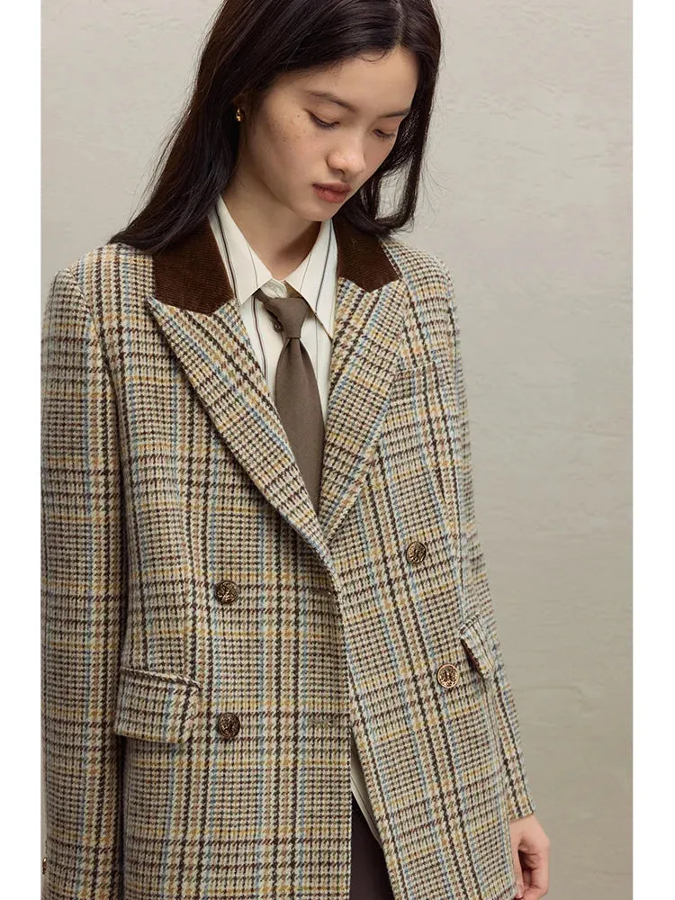 ZIQIAO 100% Wool Brown Retro Woolen Suit Jacket For Women's 2023 Winter New Plaid Short Jacket Solid Women Jackets Casual