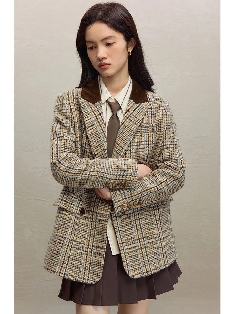 ZIQIAO 100% Wool Brown Retro Woolen Suit Jacket For Women's 2023 Winter New Plaid Short Jacket Solid Women Jackets Casual